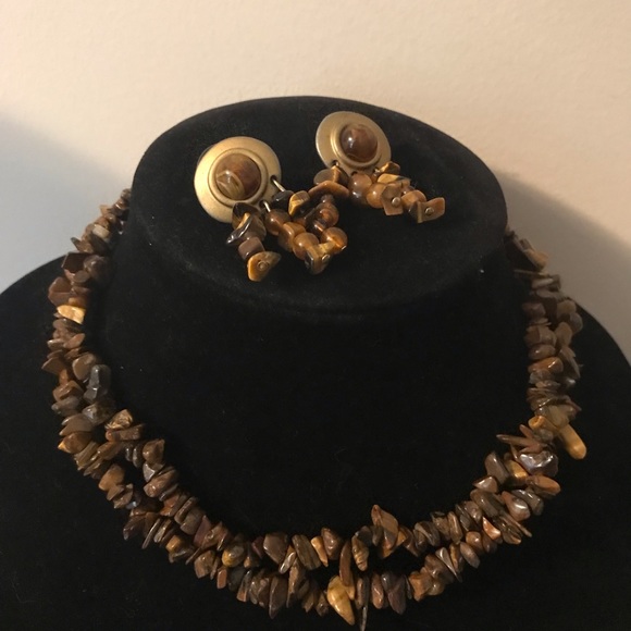 Gold Tiger’s Eye Double Strand Necklace w Coordinating Earrings - Picture 1 of 3